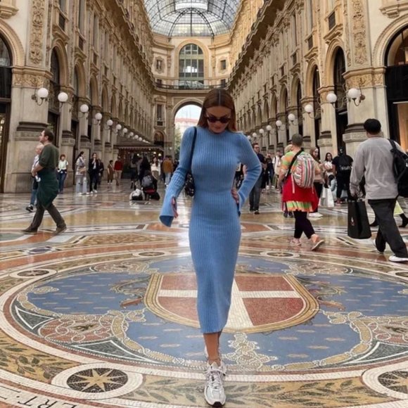 ZARA WOMAN STRETCH LONG SLEEVE BABY BLUE RIBBED KNIT MIDI MAXI DRESS $89.90 - Picture 2 of 15